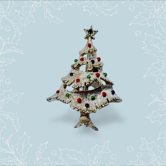 Gerrys Brooch Pin Vintage Christmas Tree Jewelry Goldtone Rhinestones Star Top - Picture 4 of 6